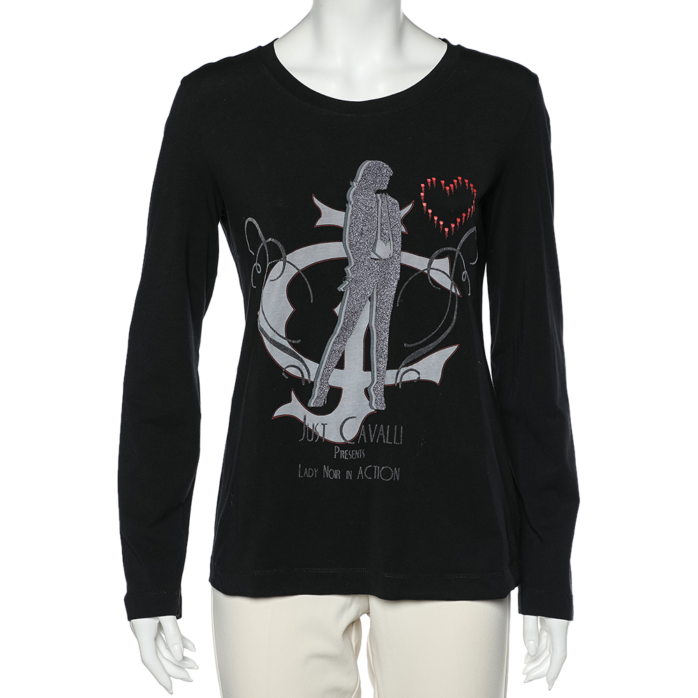 luxury-women-just-cavalli-used-clothes-p596716-001-2 Just Cavalli Black Printed Cotton Knit Long Sleeve T-Shirt XL