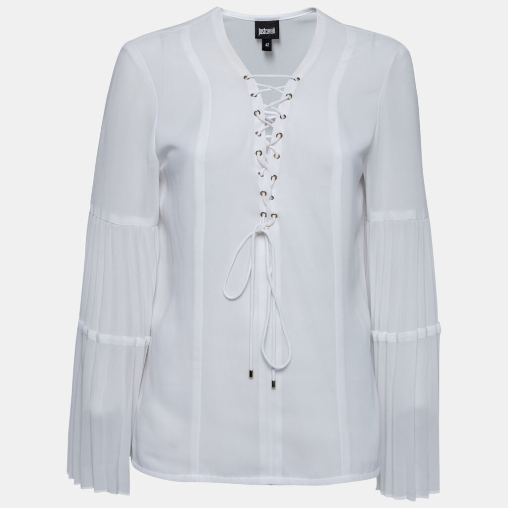 luxury-women-just-cavalli-used-clothes-p641101-001-2 Just Cavalli White Crepe Lace-Up Detail Flute Sleeve Blouse M