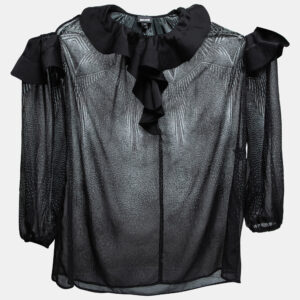 Just Cavalli Black Printed Chiffon Ruffle Trimmed Cold Shoulder Blouse M