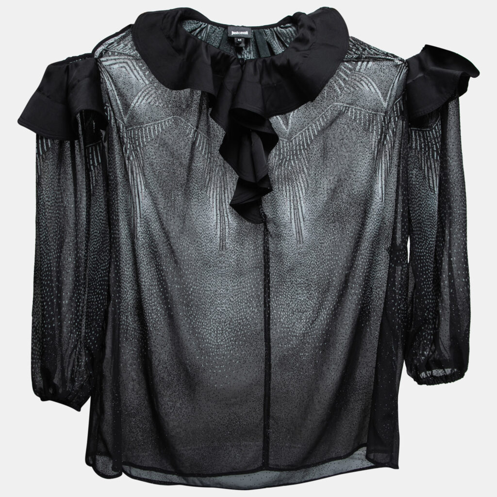 luxury-women-just-cavalli-used-clothes-p661251-002-1 Just Cavalli Black Printed Chiffon Ruffle Trimmed Cold Shoulder Blouse M