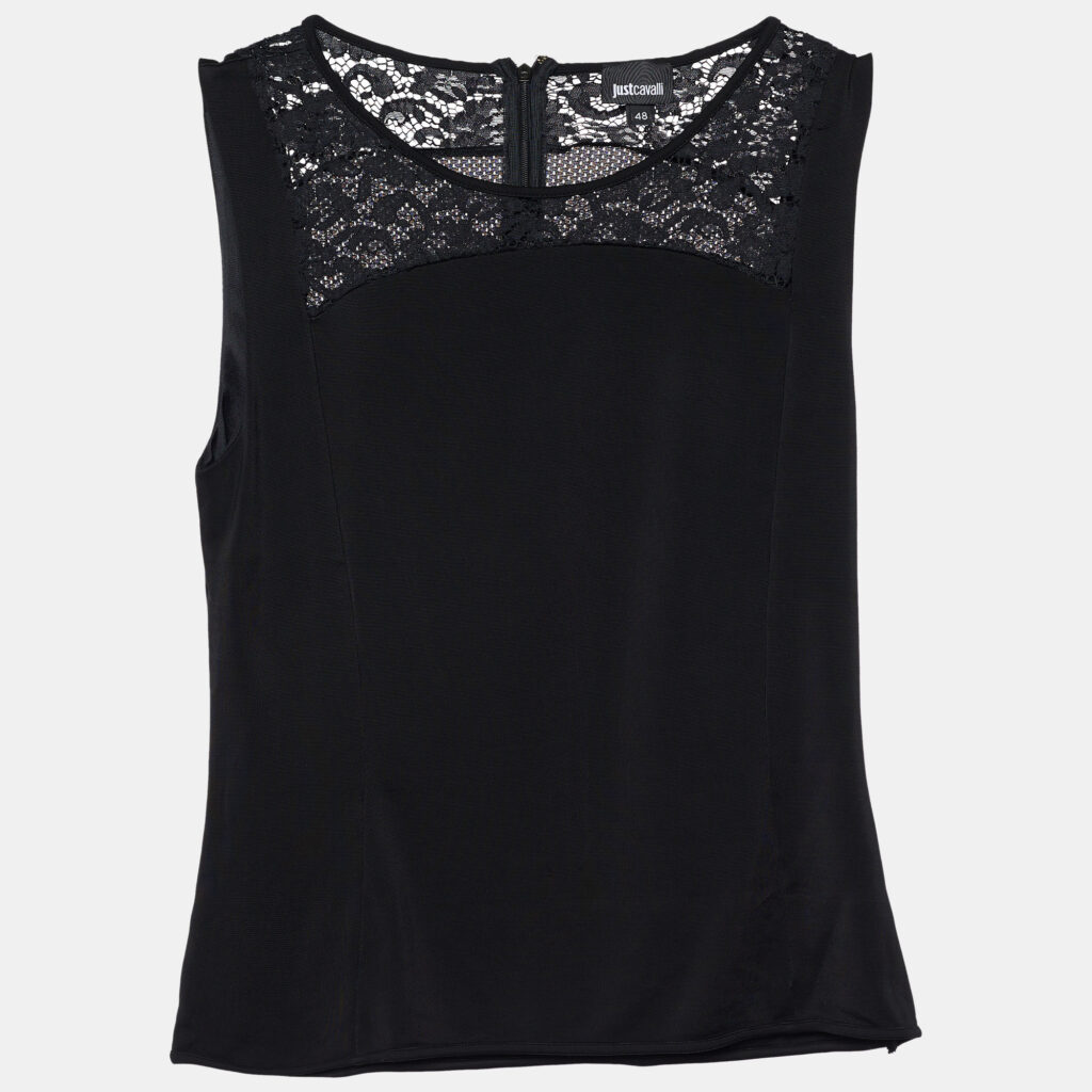luxury-women-just-cavalli-used-clothes-p678059-002-1 Just Cavalli Black Jersey Lace Trim Sleeveless Top L