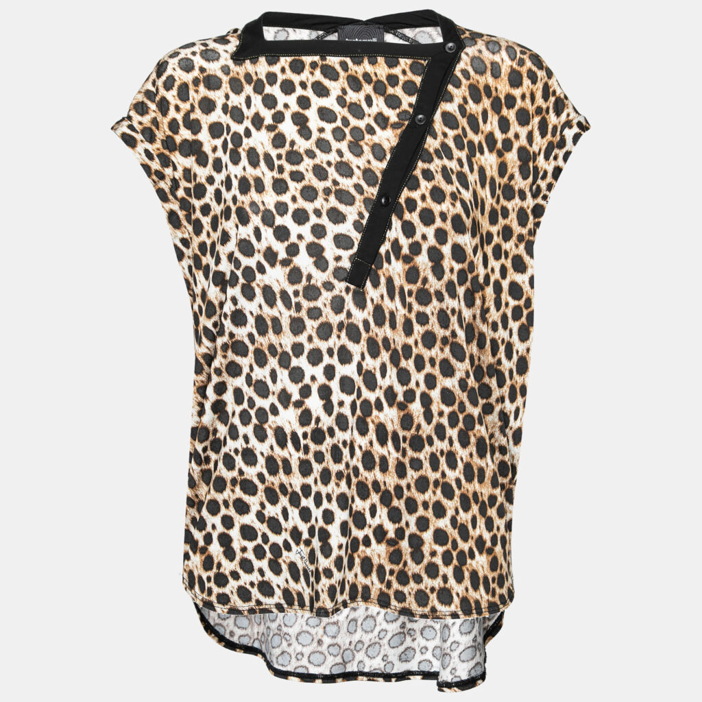 luxury-women-just-cavalli-used-clothes-p678659-001-1 Just Cavalli Brown Leopard Printed Jersey Asymmetric Button Front Top XS