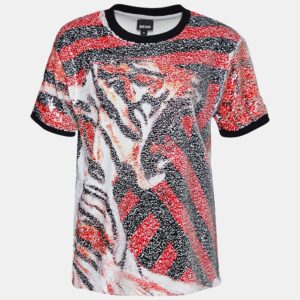 Roberto Cavalli Multicolor Animal Pattern Sequined Crew Neck Top M