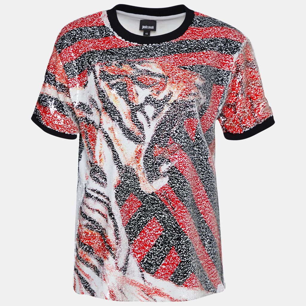 luxury-women-just-cavalli-used-clothes-p713794-003-1 Roberto Cavalli Multicolor Animal Pattern Sequined Crew Neck Top M