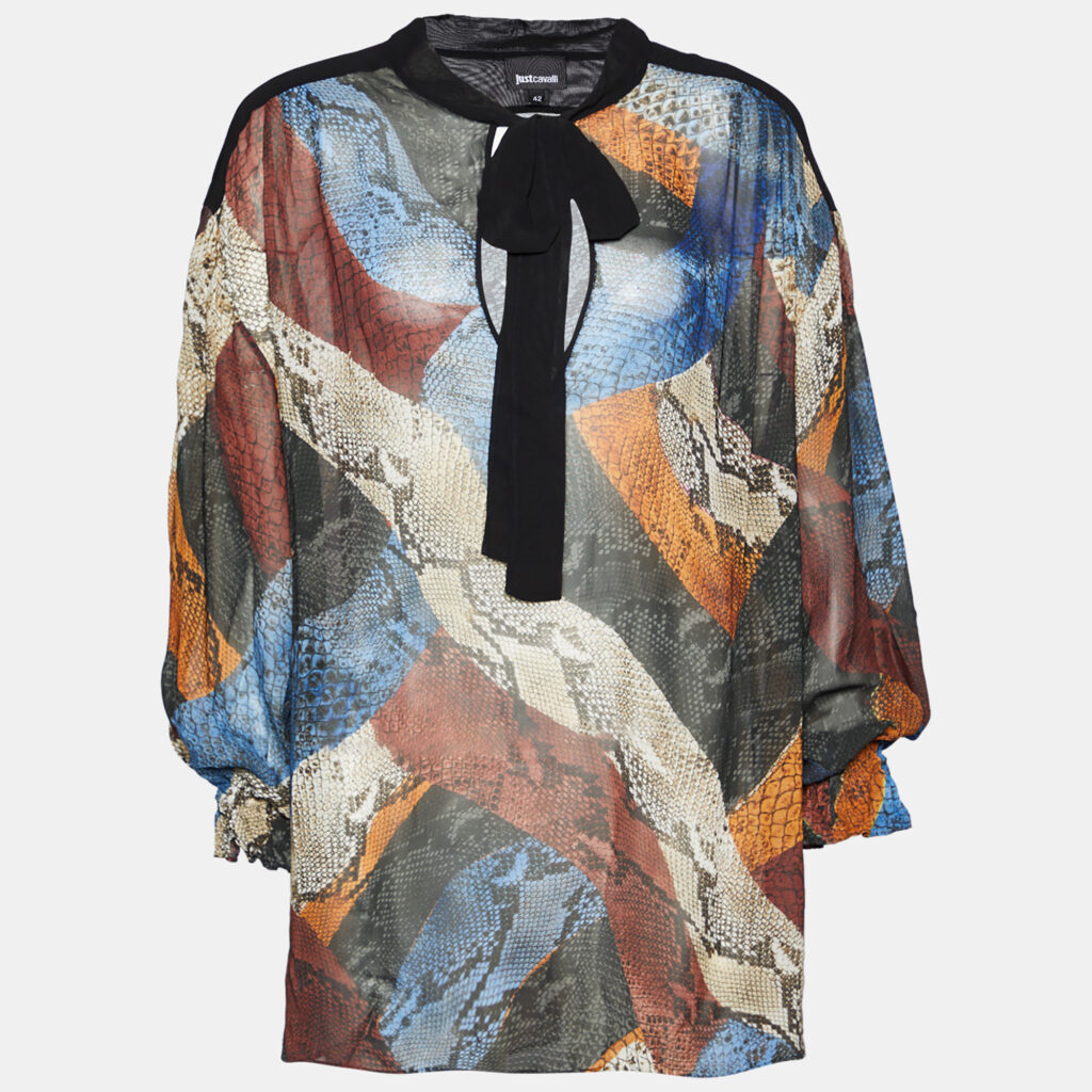 luxury-women-just-cavalli-used-clothes-p798697-002 Just Cavalli Multicolour Animal Printed Chiffon Tie Neck Blouse M