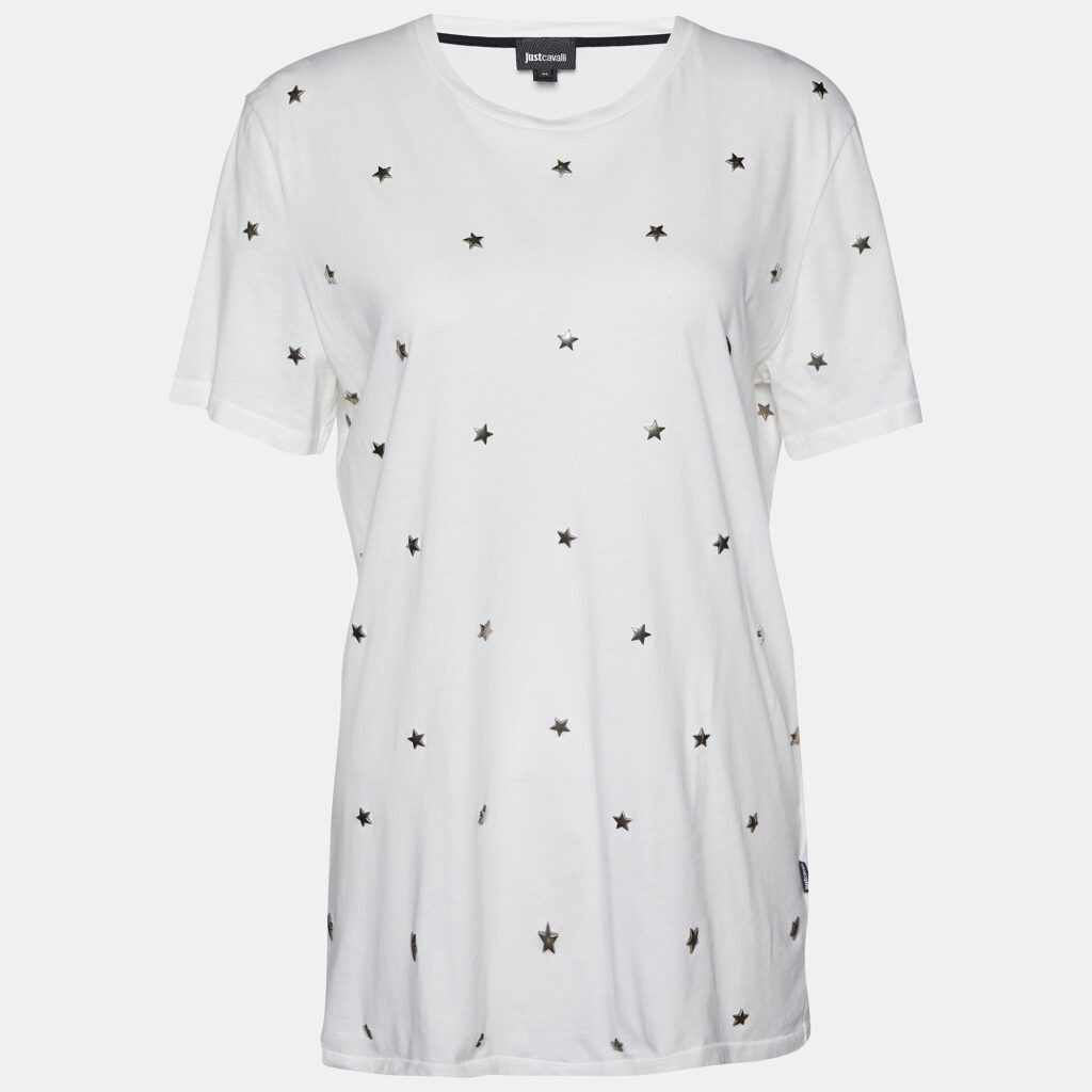 luxury-women-just-cavalli-used-clothes-p804325-002 Just Cavalli White Cotton Knit Star Studded T-Shirt M