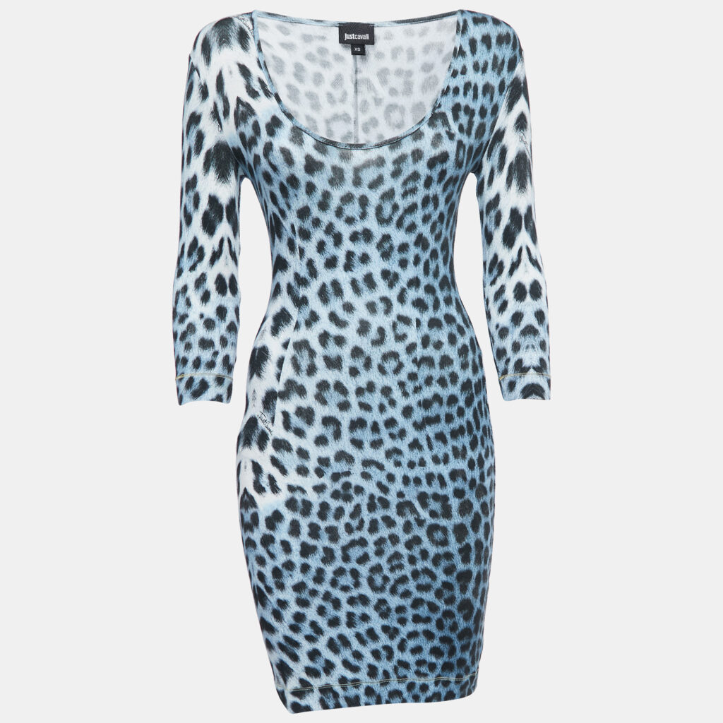 luxury-women-just-cavalli-used-clothes-p837077-003 Just Cavalli Blue Leopard Print Knit Long Sleeve Mini Dress XS