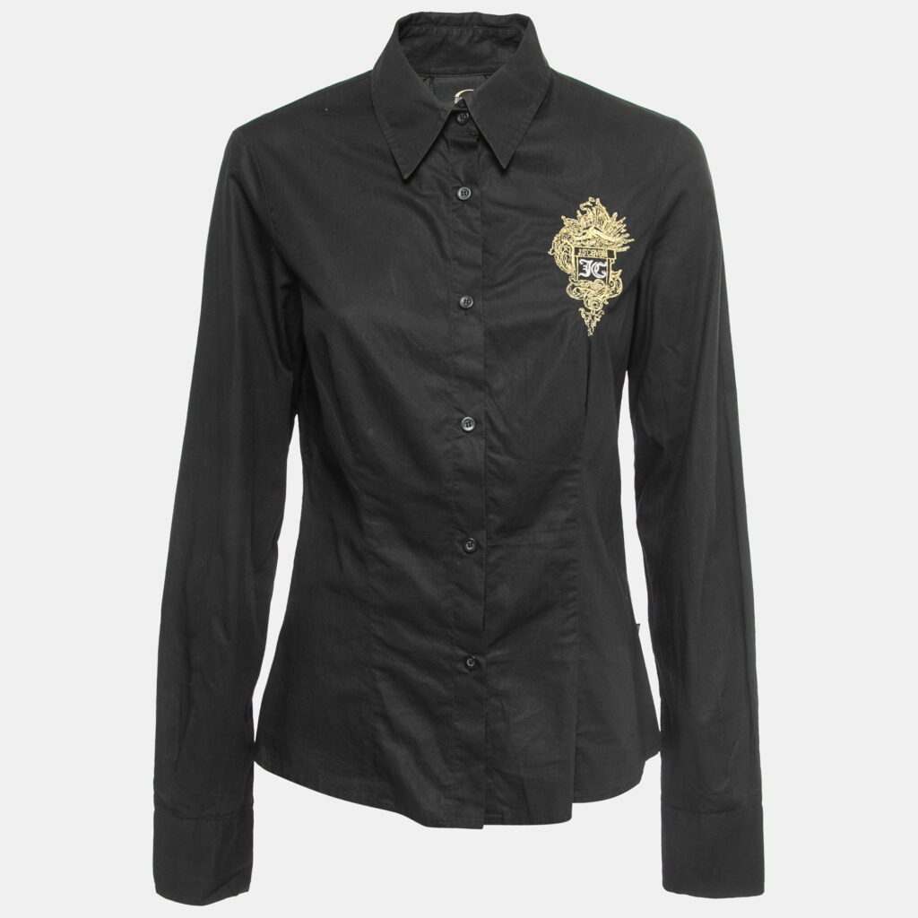 luxury-women-just-cavalli-used-clothes-p847059-001 Just Cavalli Black Cotton Logo Crest Embroidered Shirt M