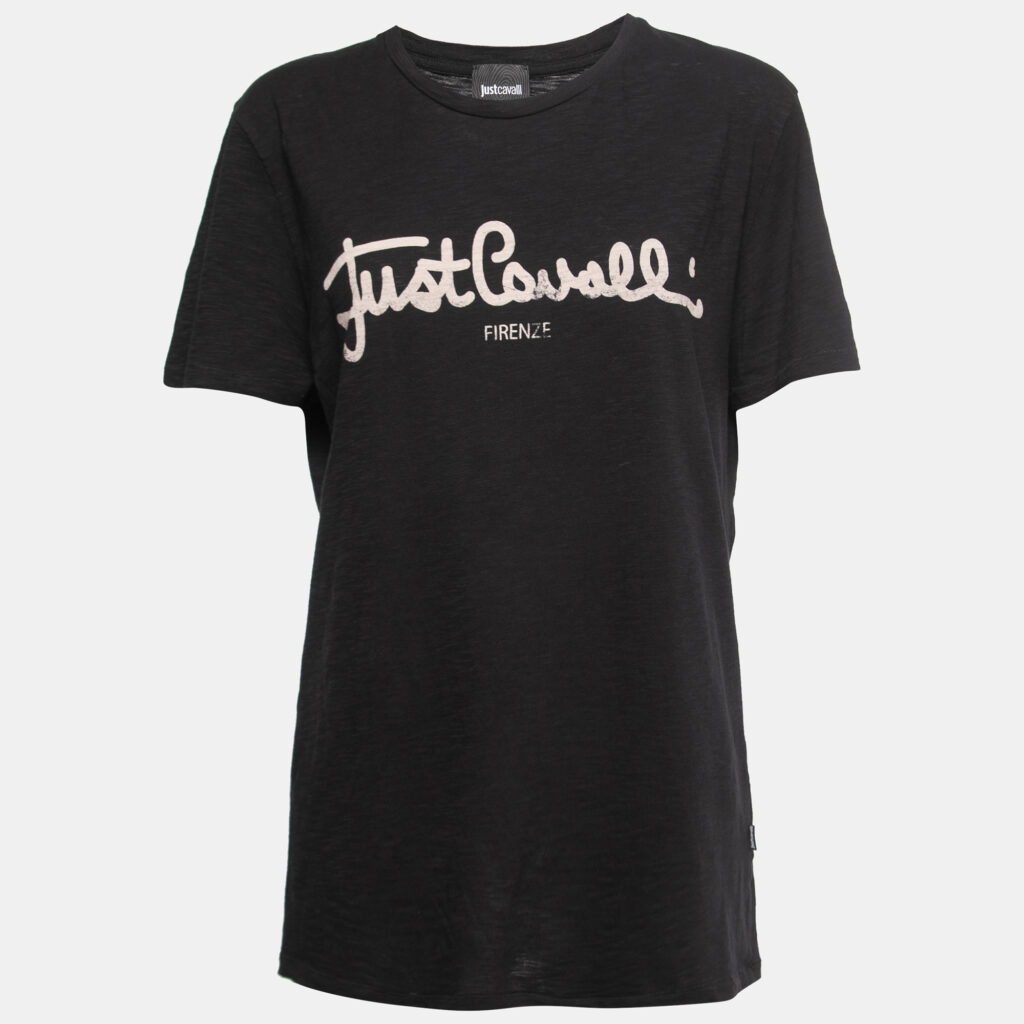 luxury-women-just-cavalli-used-clothes-p850132-004 Just Cavalli Black Logo Print Cotton Crew Neck T-Shirt L