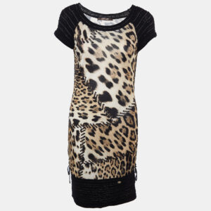 Roberto Cavalli Multicolor Animal printed Jersey & Wool Knit Ruched Mini Dress S