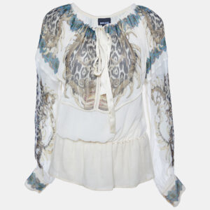 Just Cavalli Cream Printed Silk Chiffon Top S