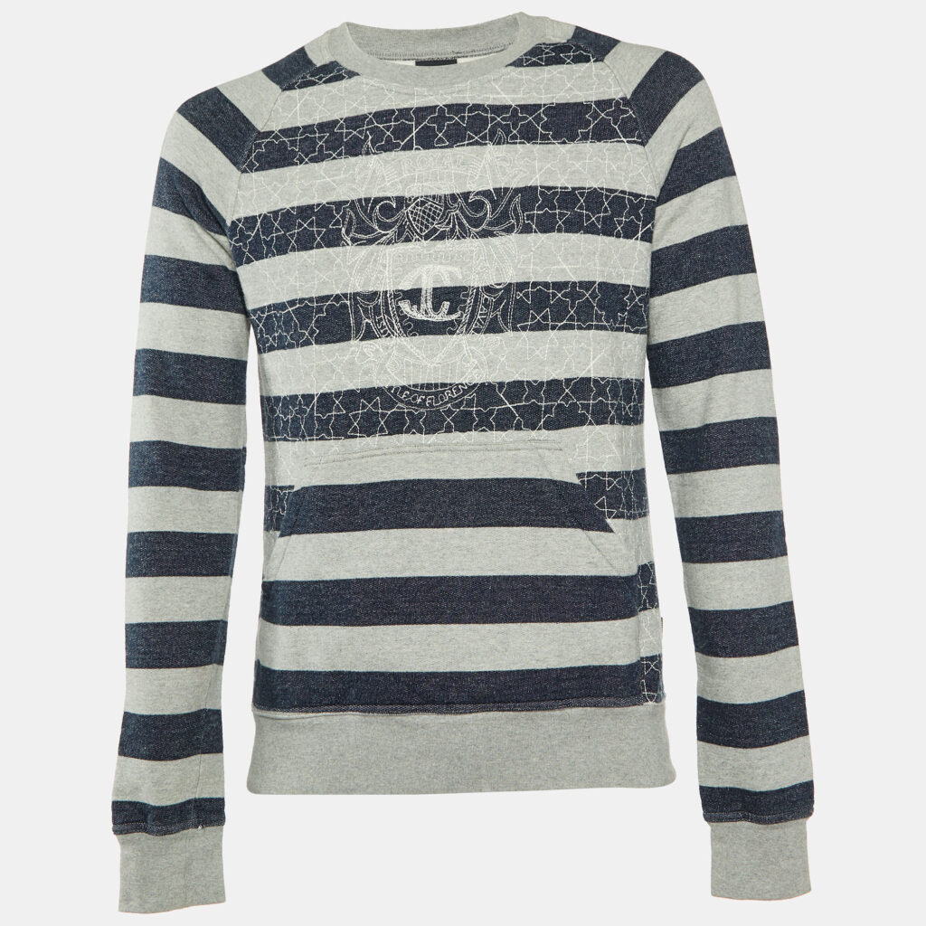luxury-women-just-cavalli-used-clothes-p929981-002 Just Cavalli Grey Striped Cotton Logo Embroidered Sweatshirt XL