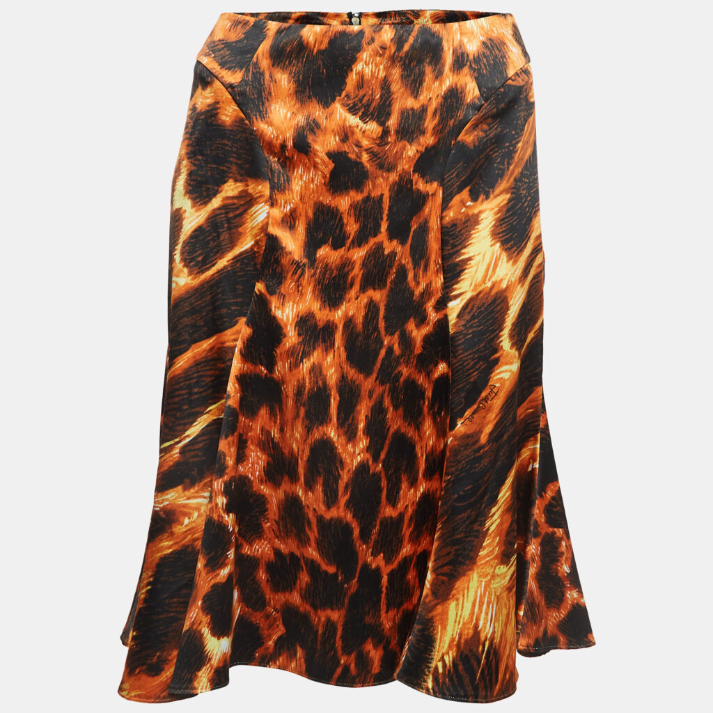Just Cavalli Orange/Black Animal Print Satin Flared Midi Skirt M