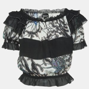 Just Cavalli White/Black Printed Crepe Ruffled Off-Shoulder Crop Top M