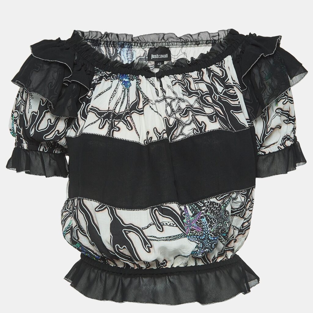 luxury-women-just-cavalli-used-clothes-p933294-006 Just Cavalli White/Black Printed Crepe Ruffled Off-Shoulder Crop Top M