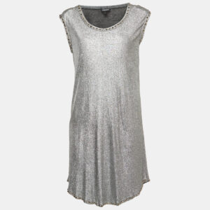 Just Cavalli Metallic Silver Lam&eacute; Jersey Metal Embellished Mini Dress S
