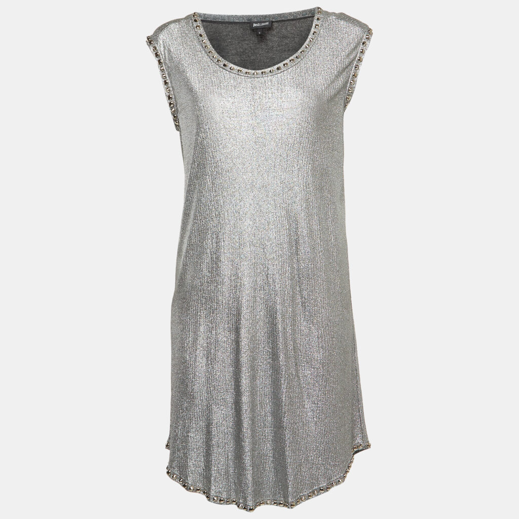 luxury-women-just-cavalli-used-clothes-p939182-004 Just Cavalli Metallic Silver Lamé Jersey Metal Embellished Mini Dress S