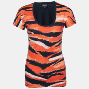 Just Cavalli Orange Animal  Print Jersey Round Neck Top S