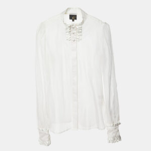 Just Cavalli White Silk Organza Ruffled Sheer Blouse L