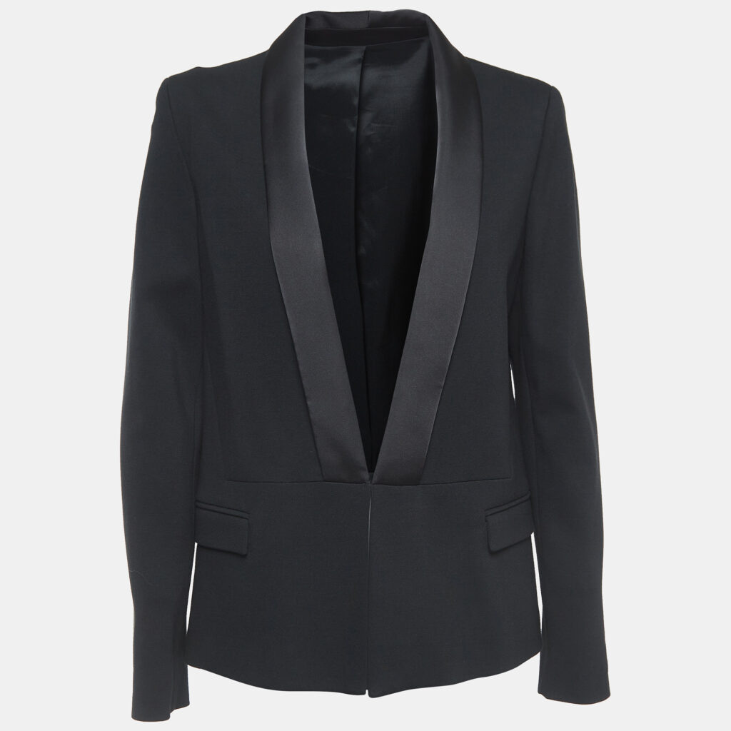 luxury-women-karl-lagerfeld-used-clothes-p918905-005 karl Lagerfeld Black Knit Satin Panel Single Breasted Blazer M