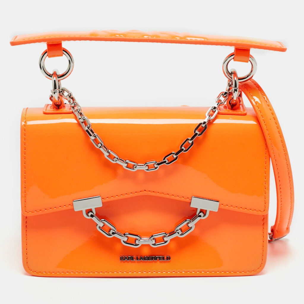 luxury-women-karl-lagerfeld-used-handbags-p1169275-007 Karl Lagerfeld Neon Orange Patent Leather K/Karl Seven Top Handle Bag