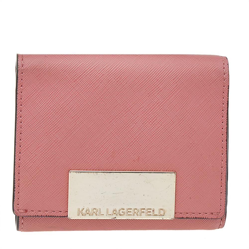 luxury-women-karl-lagerfeld-used-handbags-p527681-004-2 Karl Lagerfeld Pink Saffiano Leather Trifold Wallet