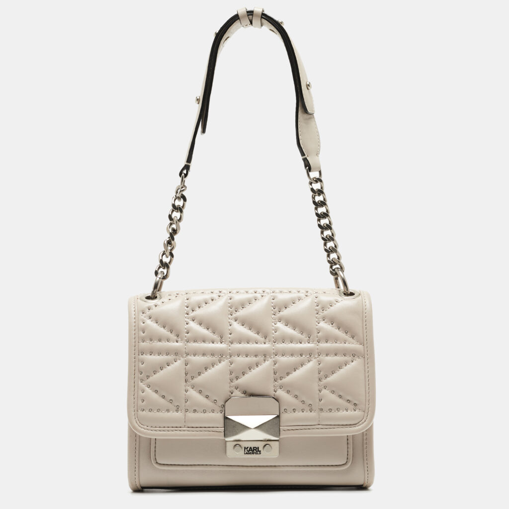 luxury-women-karl-lagerfeld-used-handbags-p925771-020 Karl Lagerfeld Beige Quilted Studded Leather Shoulder Bag