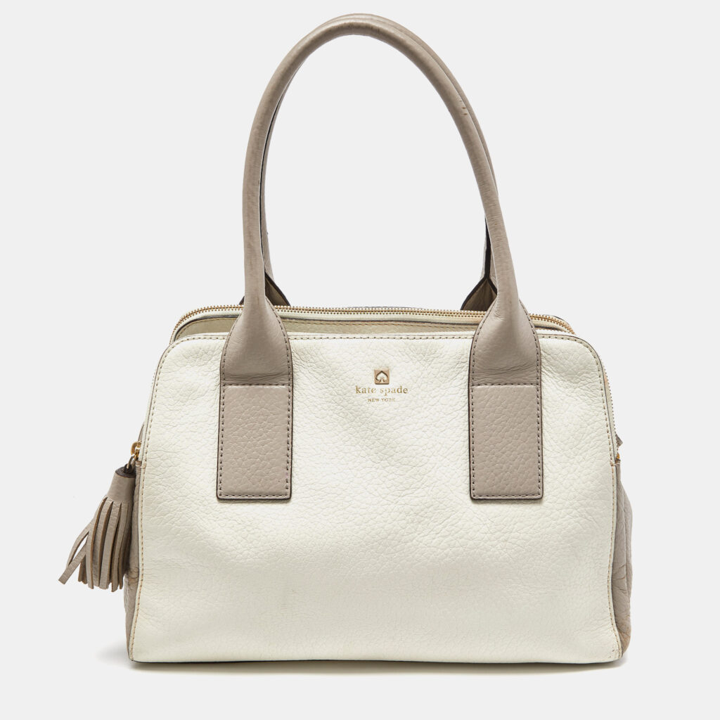 luxury-women-kate-spade-used-handbags-p856314-011 Kate Spade Off White/Grey Leather Double Zip Satchel