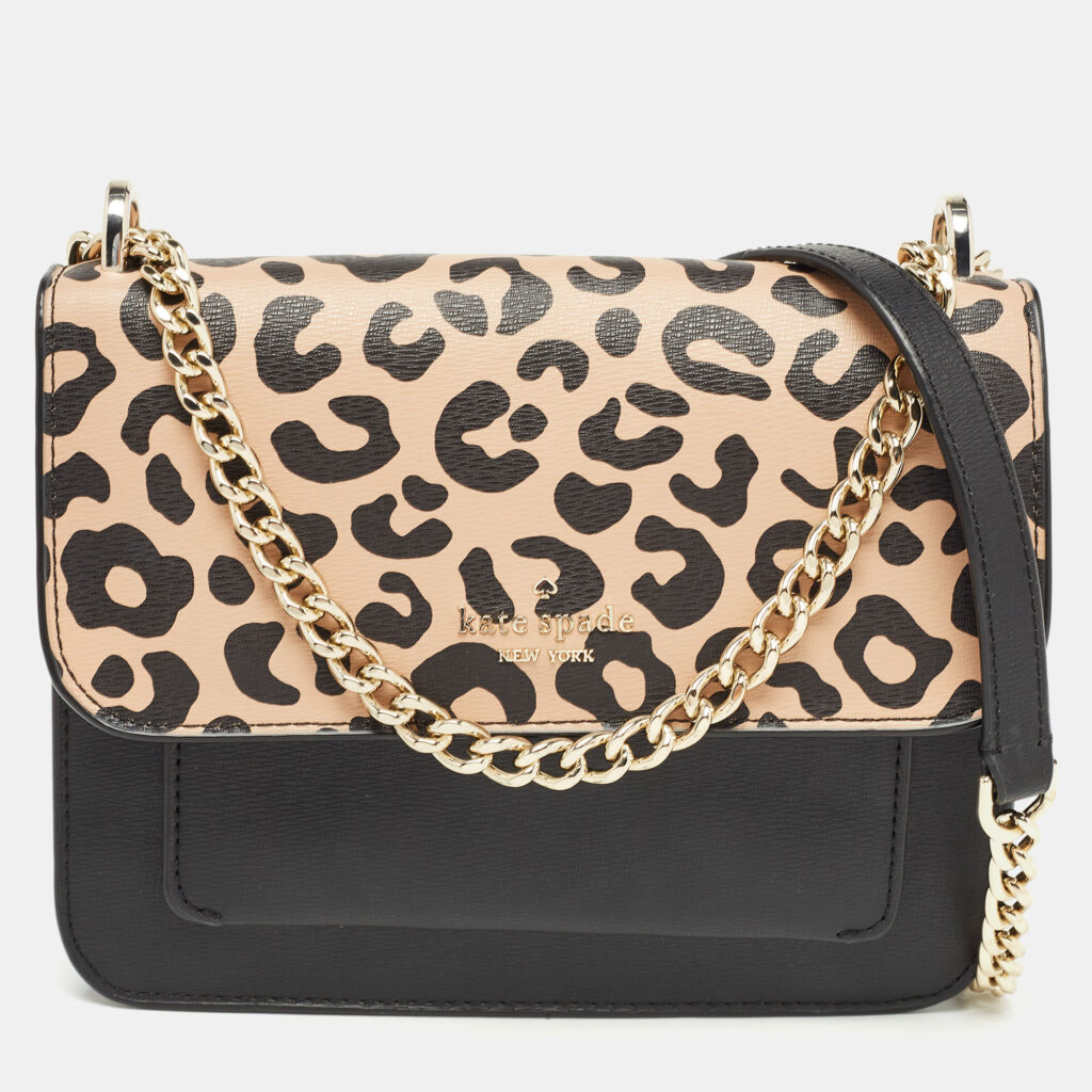 luxury-women-kate-spade-used-handbags-p929757-016 Kate Spade Black/Beige Leopard Print Leather Remi Flap Chain Crossbody Bag