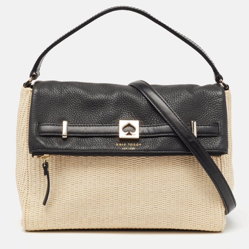 luxury-women-kate-spade-used-handbags-p980573-019 Kate Spade Beige/Black Woven Straw and Leather Loula Shoulder Bag