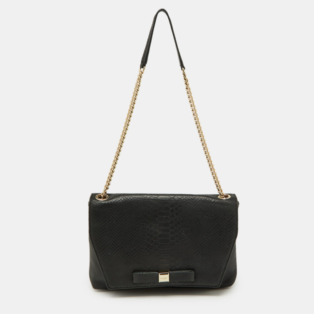 luxury-women-kate-spade-used-handbags-p994624-002 Kate Spade Black Snakeskin Embossed Leather Flap Shoulder Bag