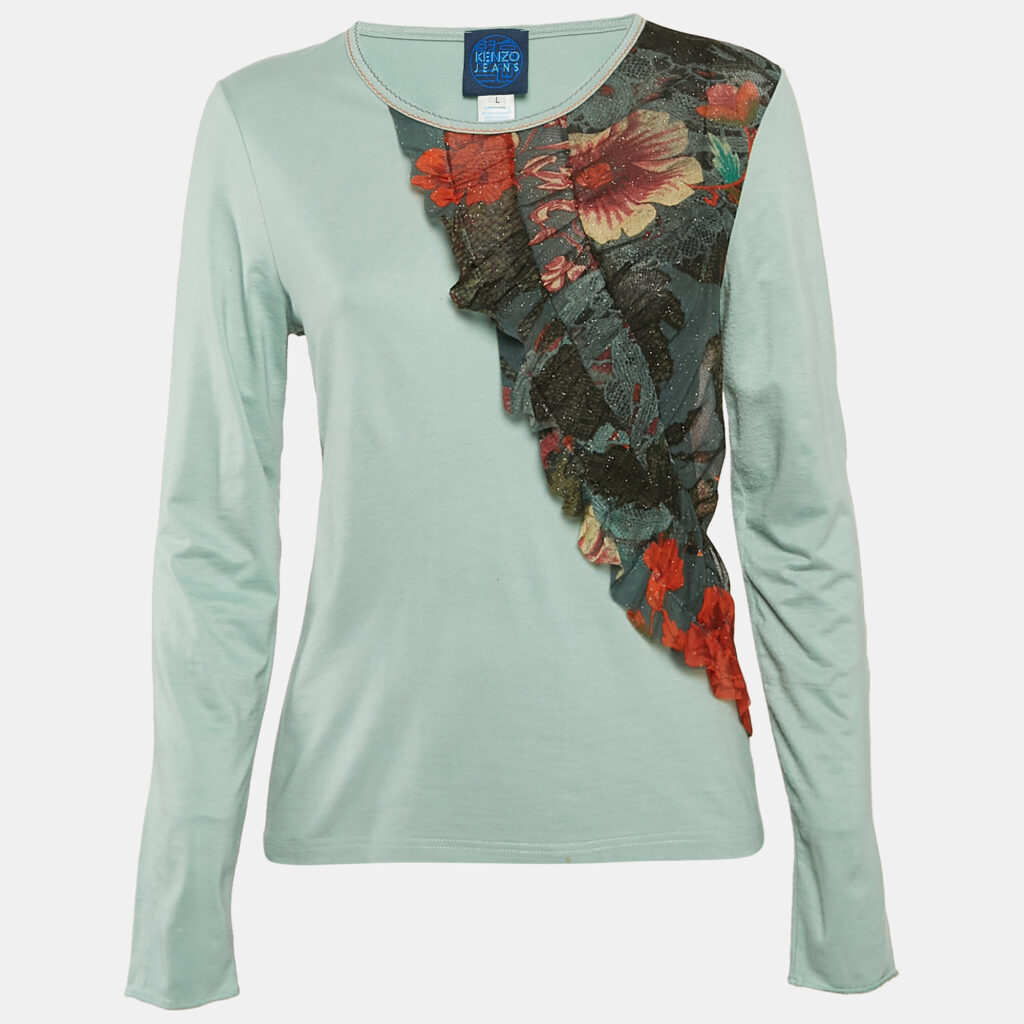 Kenzo Jeans Blue Mesh Trim Jersey Long Sleeve T-Shirt L