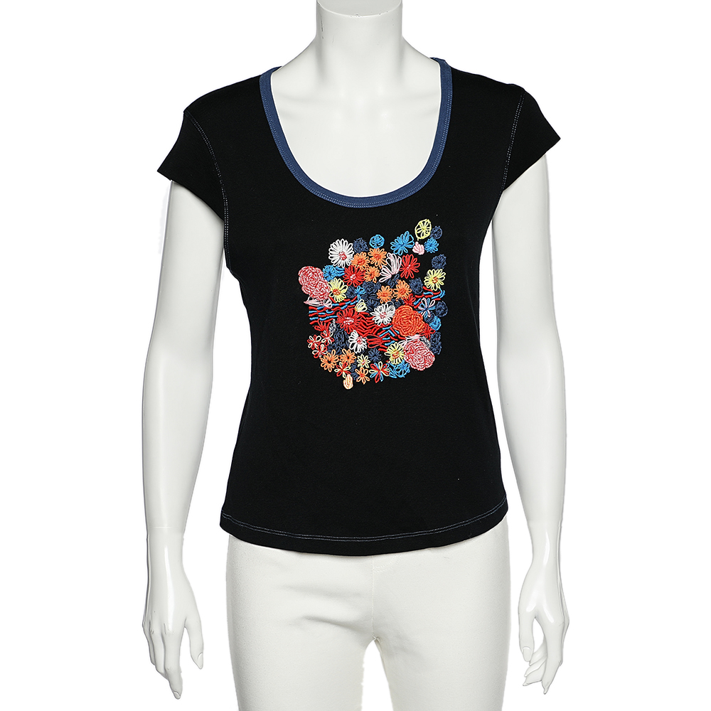 luxury-women-kenzo-jeans-used-clothes-p542496-003-1 Kenzo Jeans Midnight Blue Embroidered Cotton Knit Scoop Neck T-Shirt XL