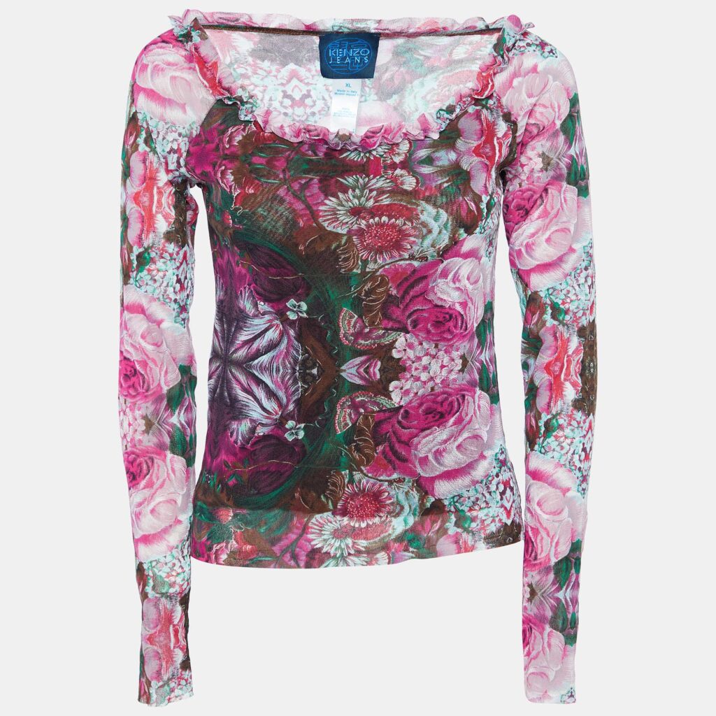 luxury-women-kenzo-jeans-used-clothes-p912630-003 Kenzo Jeans Pink Floral Print Knit Ruffled Neck Top XL
