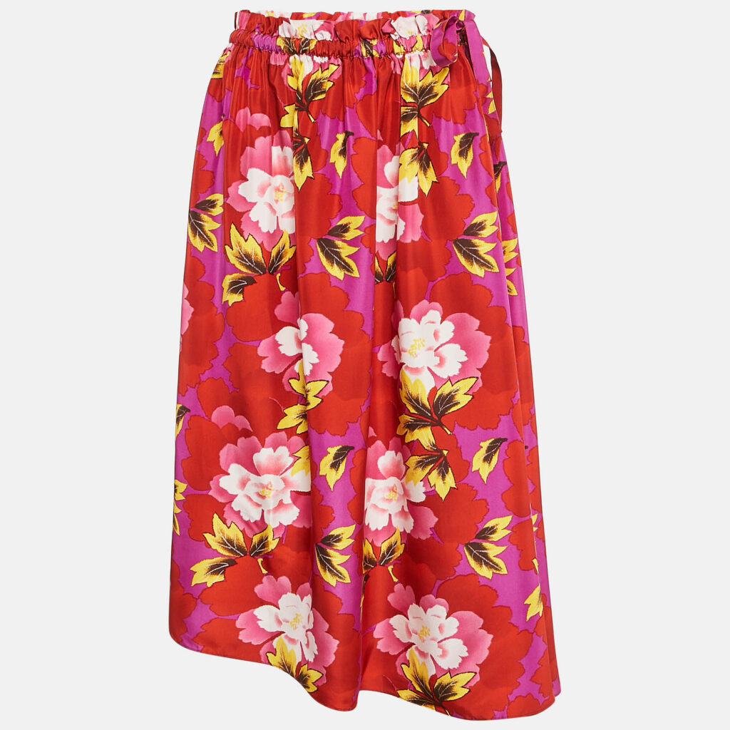 luxury-women-kenzo-new-clothes-p1127685-001 Kenzo Red Floral Print Silk High-Low Midi Skirt M