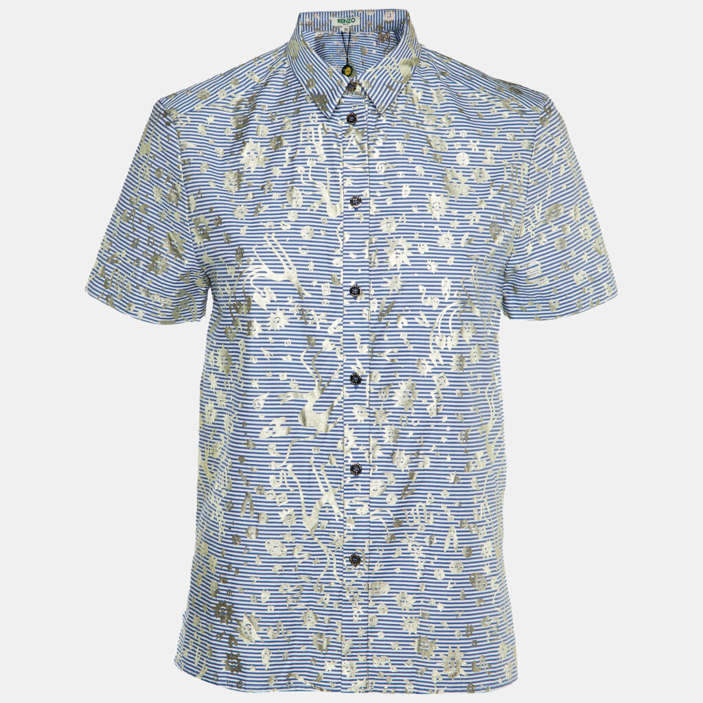 Kenzo Blue/White Metallic Print Cotton Short Sleeve Shirt S