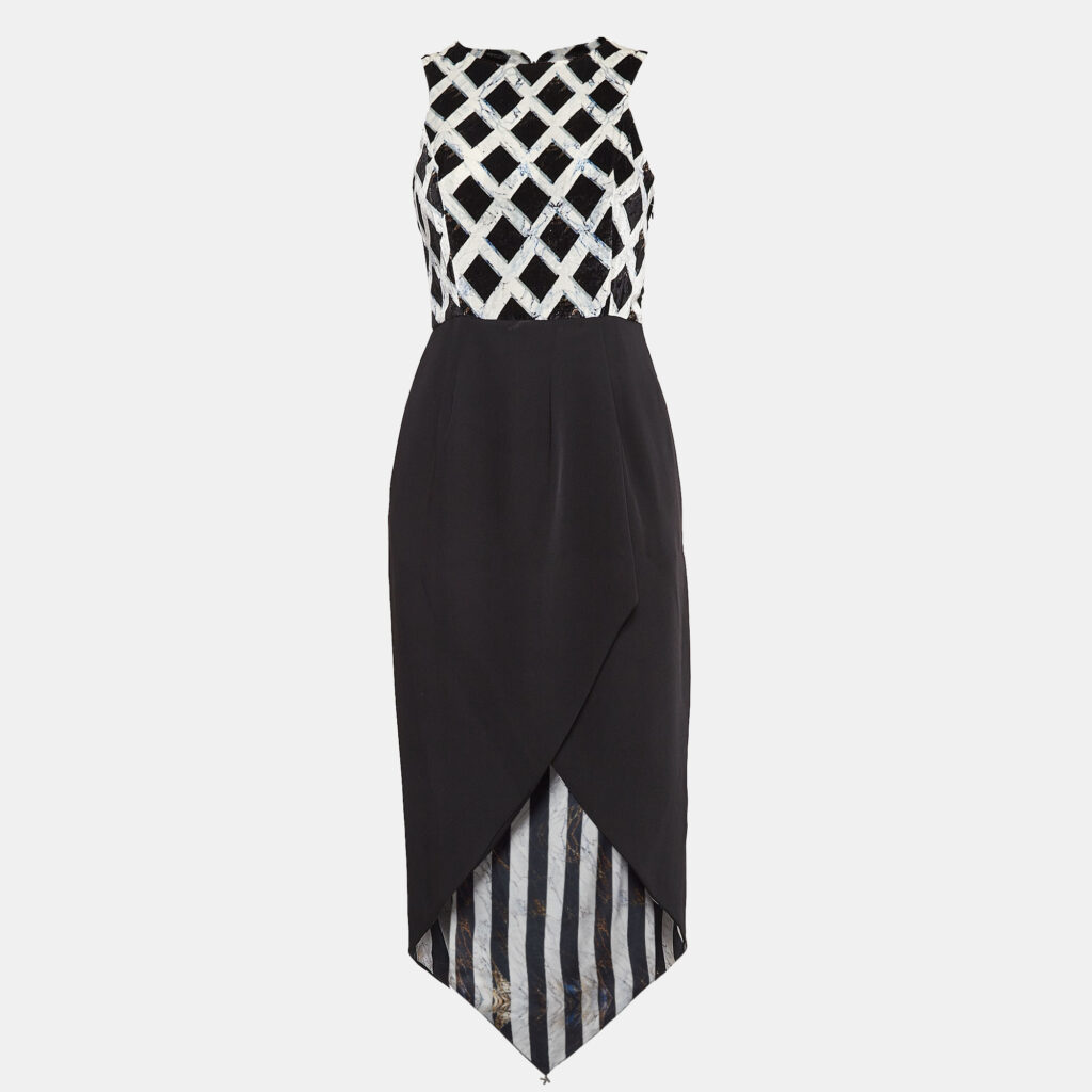 luxury-women-kenzo-used-clothes-p1024701-003 Kenzo Black Printed Velvet and Stretch Crepe Asymmetric Midi Dress S