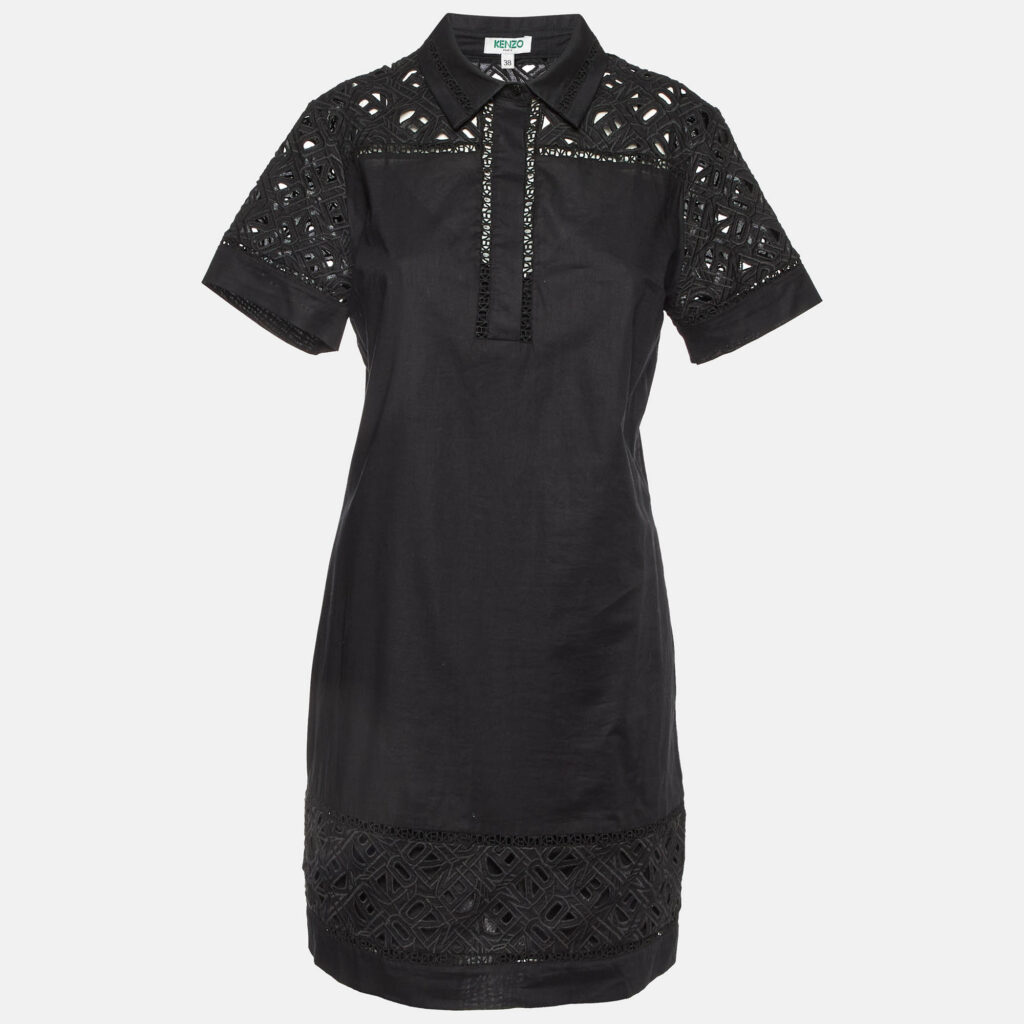 luxury-women-kenzo-used-clothes-p1026494-002 Kenzo Black Cotton Poplin Lace Detailed Short Sleeve Dress M