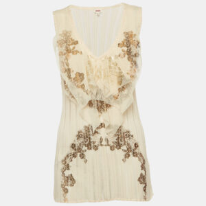 Kenzo Beige Printed Jersey and Mesh Ruffle Trimmed T-Shirt XL