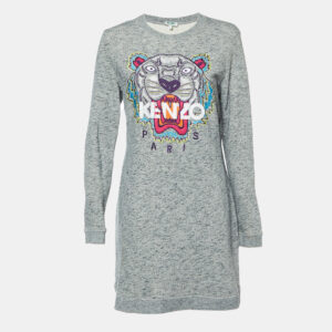 Kenzo Grey Melange Knit Tiger Embroidered Sweater Dress L