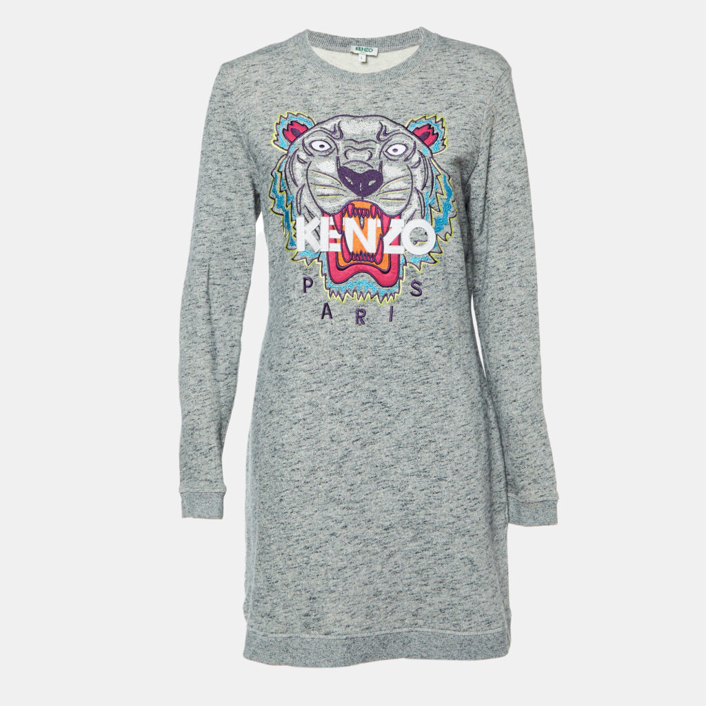 luxury-women-kenzo-used-clothes-p1035072-002 Kenzo Grey Melange Knit Tiger Embroidered Sweater Dress L