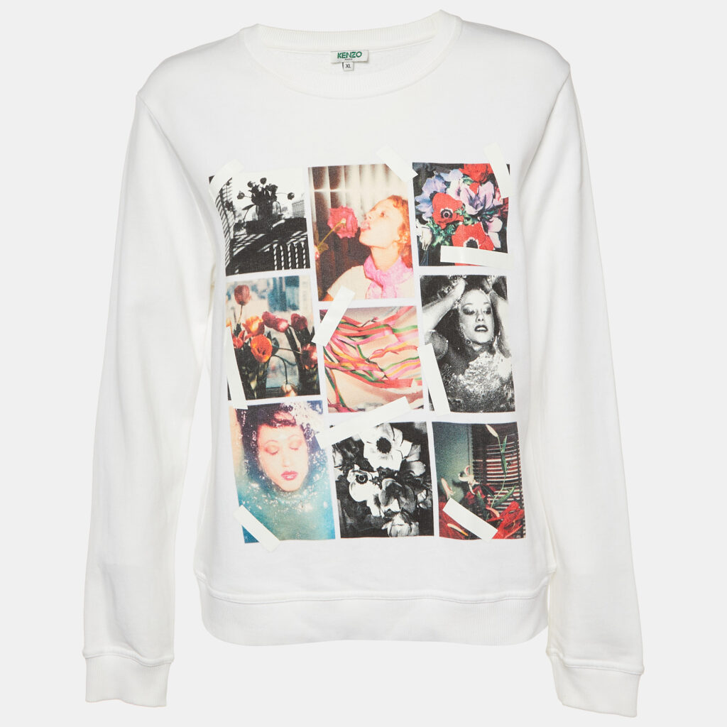 luxury-women-kenzo-used-clothes-p1035075-002 Kenzo White Photo Collage Print Cotton Crew Neck Sweatshirt XL