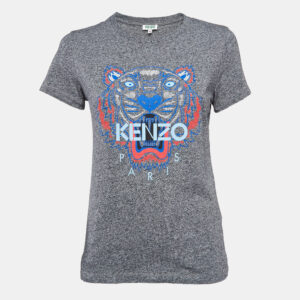 Kenzo Grey Lion Print Melange Knit T-Shirt S