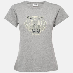 Kenzo Grey Tiger Logo Flocked Jersey T-Shirt S