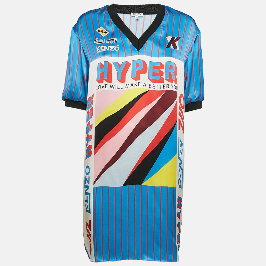 luxury-women-kenzo-used-clothes-p1084817-001 Kenzo Blue Hyper Stripe Print Satin Silk V-Neck Shift Dress XS