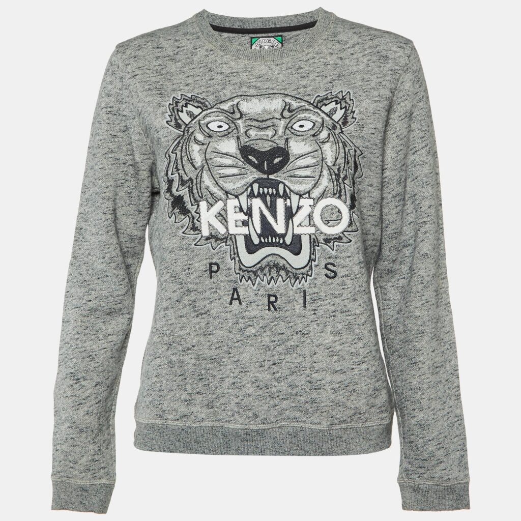 luxury-women-kenzo-used-clothes-p1087419-002 Kenzo Grey Tiger Embroidered Melange Cotton Sweatshirt L