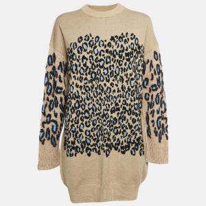 Kenzo Camel Brown Tiger Pattern Wool Blend Knit Mini Dress S