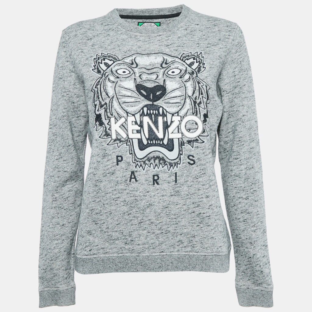 luxury-women-kenzo-used-clothes-p1106257-006 Kenzo Grey Melange Tiger Embroidered Cotton Sweatshirt L