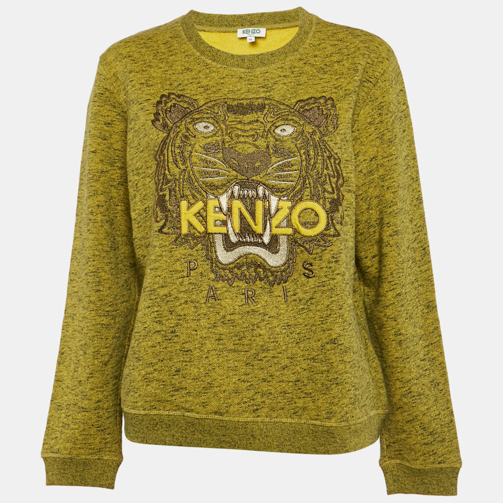 luxury-women-kenzo-used-clothes-p1107776-004 Kenzo Green Tiger Logo Embroidered Marl Knit Sweatshirt XL