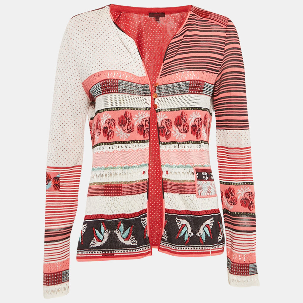 luxury-women-kenzo-used-clothes-p1109775-003 Kenzo Red Intarsia Knit Button Front Cardigan M